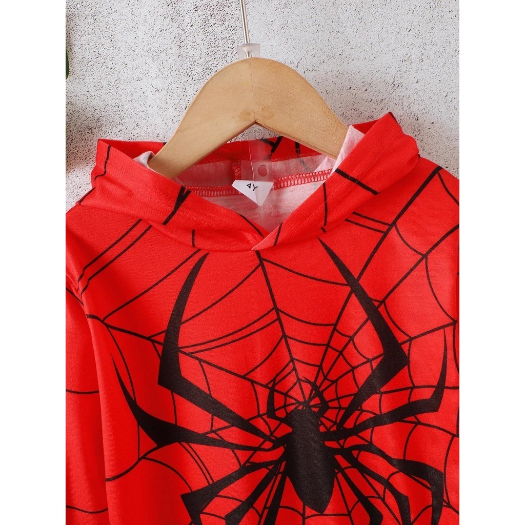 【2PCS】 4-7Y Toddler Boy Superhero Outfit | Red Spider-Man Print Hoodie + Matching Web Pants | Cartoon Casual Set
