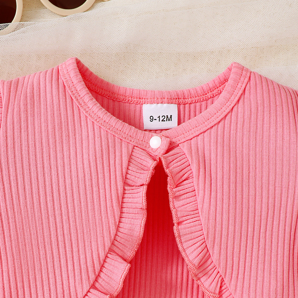 【2PCS】 6M-3Y Baby Girl Outfit | Pink Ribbed Cardigan + Tropical Floral Print Dress with Bow | Sweet Summer Set