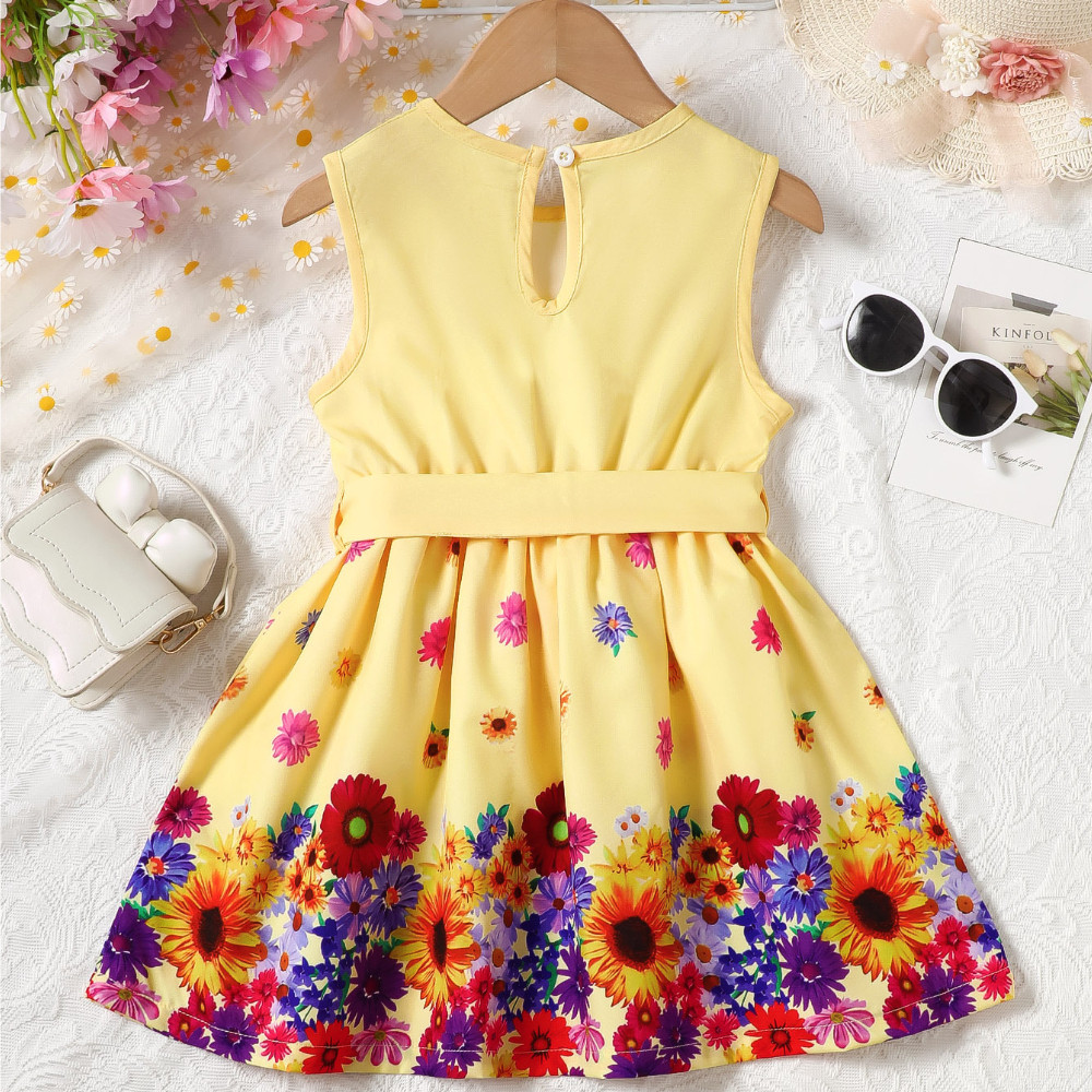 【4-7Y】 Toddler Girl Sleeveless Dress | Yellow Floral Print Dress with Bow Belt | Sweet Summer Outfit