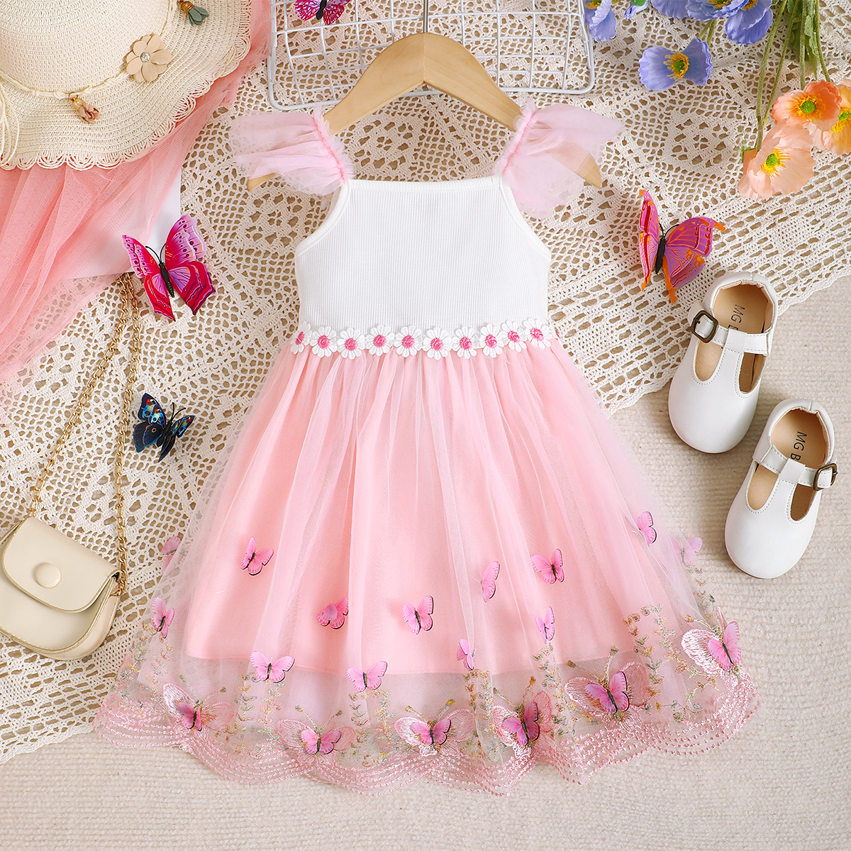 【6M-3Y】 Toddler Girl Dress | Pink Butterfly Applique Tulle Dress with Daisy Trim and Tulle Straps | Cute Party Wear