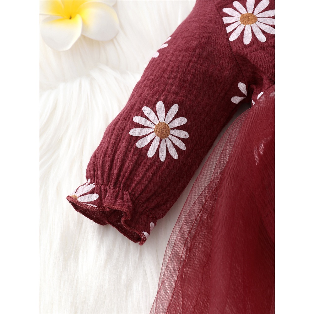 Catpapa girl | 【2PCS】 0-18M Baby Girl Romper Dress | Maroon Daisy Print Mesh Tulle Dress + Matching Bow Headband | Cute Newborn Outfit | Babies dress | Cute baby dresses | Kids fancy dresses