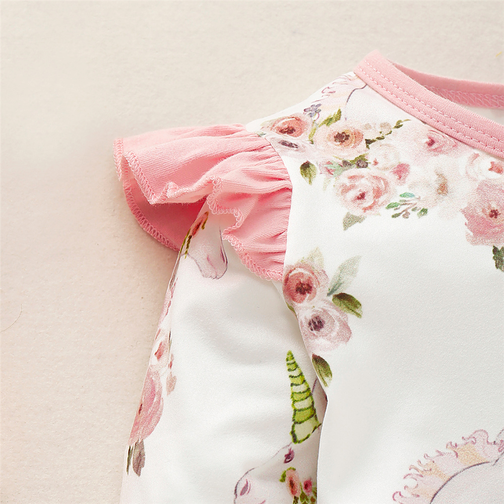 0-2Years Newborn Baby Girl Unicorn Design Jumpsuit, Toddler Baby Girl Pretty Rose Floral Ruffle Long Sleeve Romper, Infant Girl Pajamas Onesie Clothes