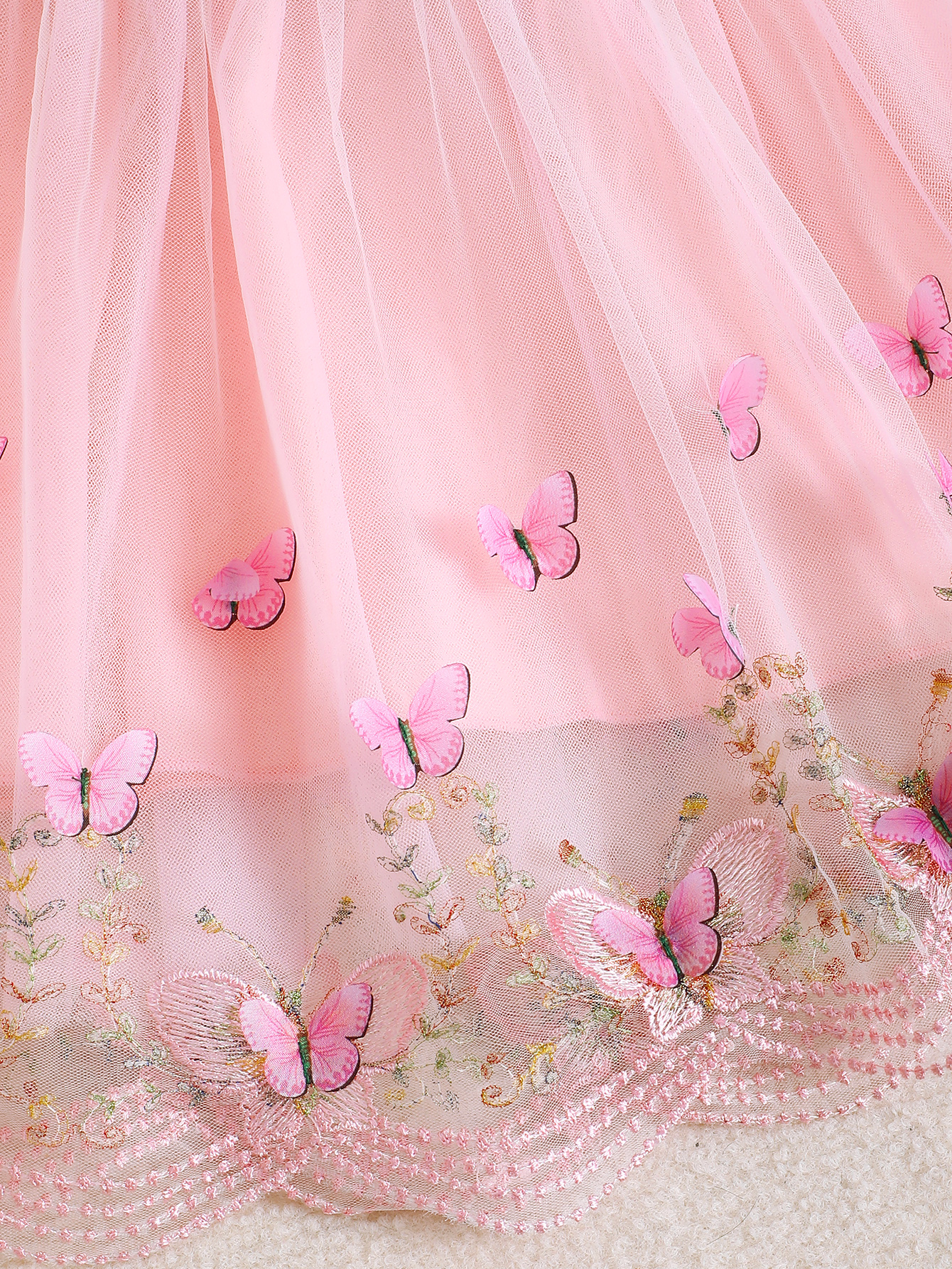 【6M-3Y】 Toddler Girl Dress | Pink Butterfly Applique Tulle Dress with Daisy Trim and Tulle Straps | Cute Party Wear