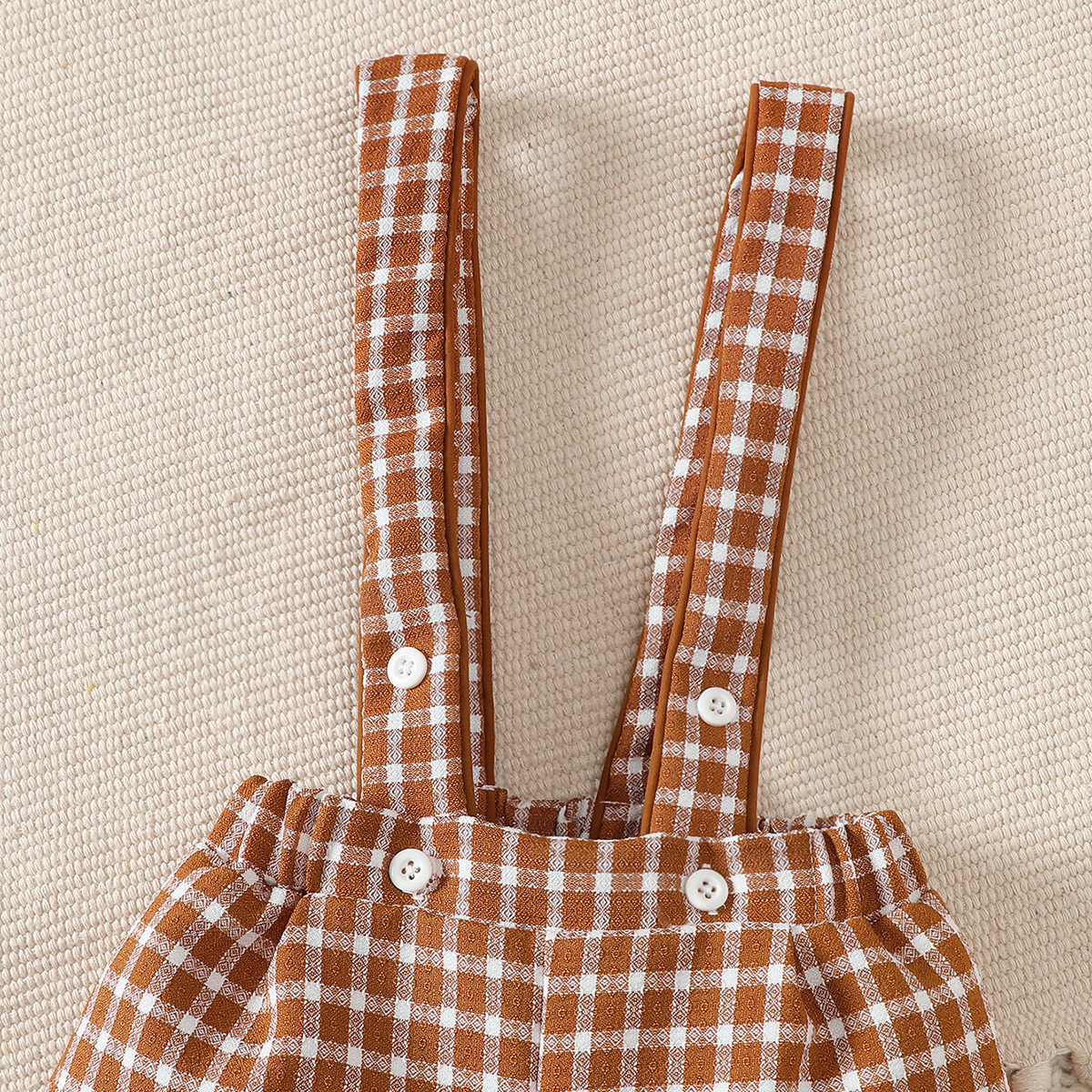【2PCS】 6M-3Y Baby Boy Formal Outfit | White Short Sleeve Shirt + Brown Plaid Suspender Shorts with Bow Tie | Party Casual Wear