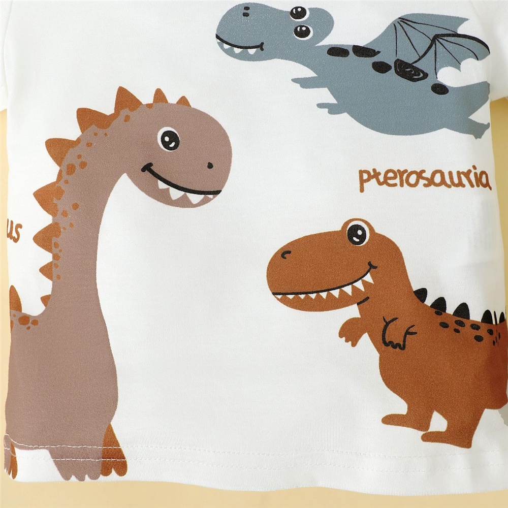 【2PCS】 0-3Y Baby Boy Summer Set | White Cartoon Dinosaur Print T-shirt + Brown Shorts | Casual Daily Outfit