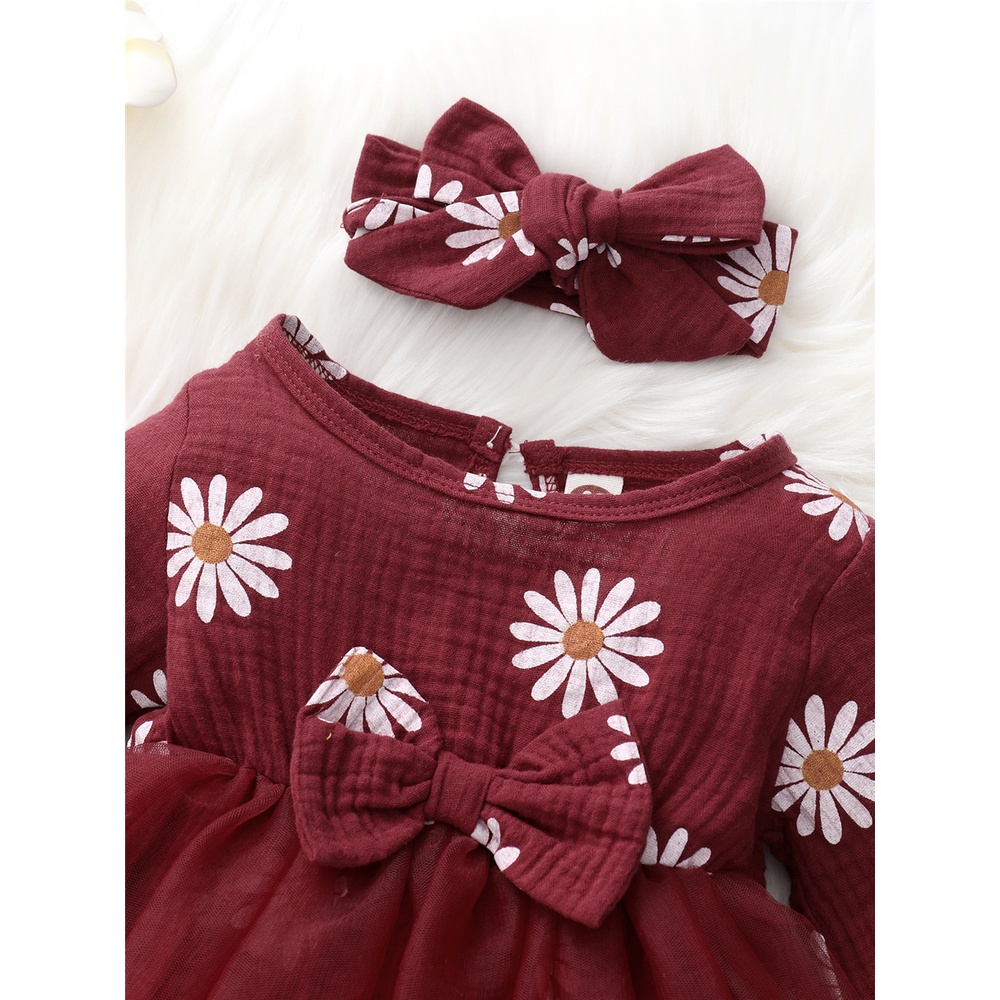 Catpapa girl | 【2PCS】 0-18M Baby Girl Romper Dress | Maroon Daisy Print Mesh Tulle Dress + Matching Bow Headband | Cute Newborn Outfit | Babies dress | Cute baby dresses | Kids fancy dresses