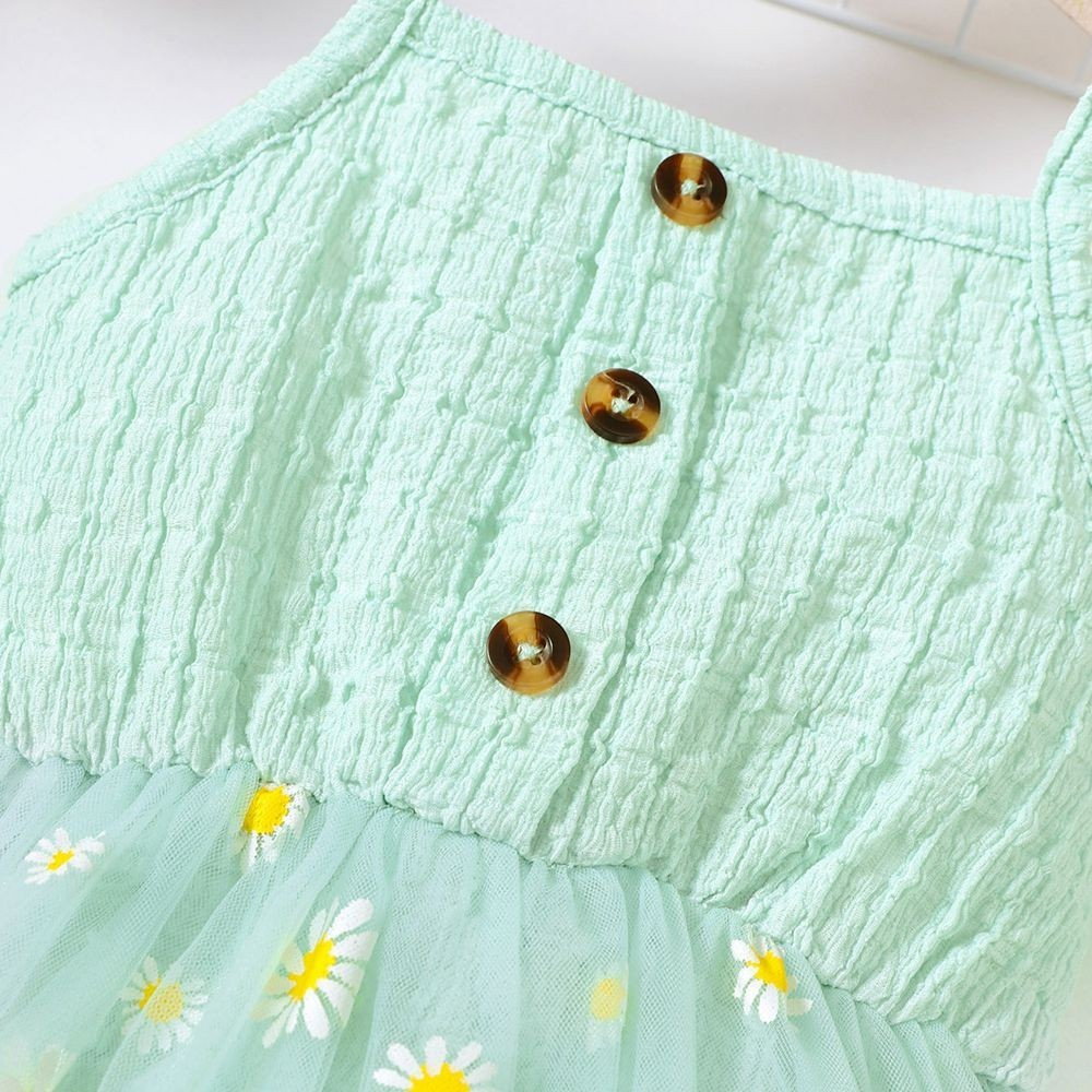 【9-24M】 Baby Girl Sleeveless Dress: Mint Green Daisy Print Tulle Skirt with Bow Straps & Faux Buttons – Summer Floral Infant Outfit