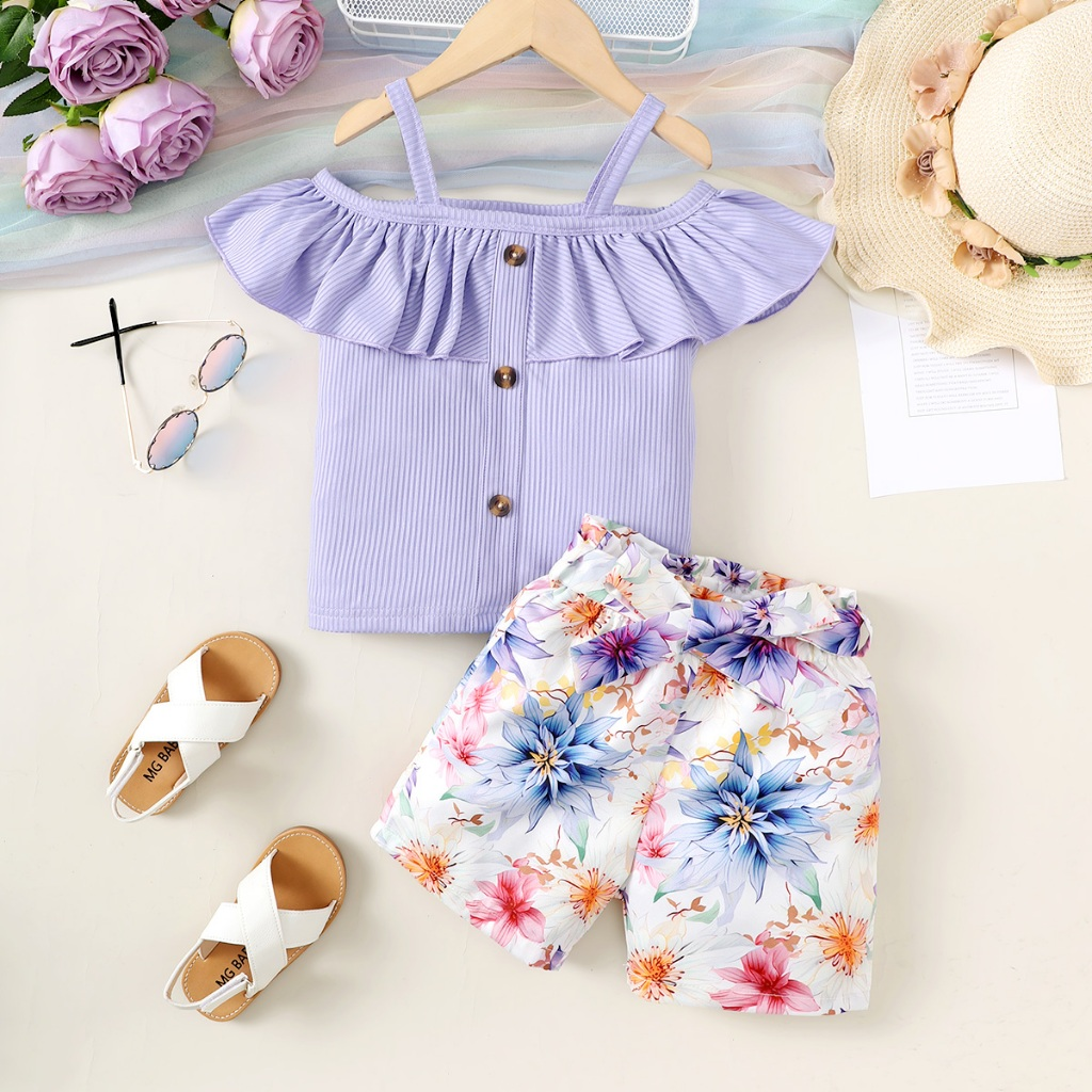 【2PCS】 4-7Y Baby Girl Summer Set | Purple Off-Shoulder Ruffle Top + Floral Print Shorts | Fashion Casual Outfit