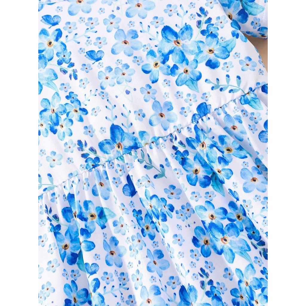 【2-7Y】 Toddler Girl Casual Dress | Blue Floral Print Short Sleeve A-Line Dress | Sweet Summer Wear