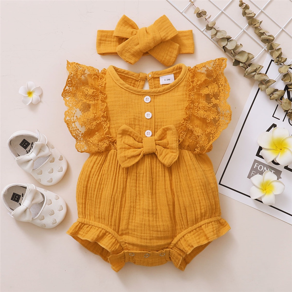 【2PCS】 0-18M Baby Girl Romper Set | Mustard Yellow Lace Trim Jumpsuit with Bow + Matching Bow Headband | Adorable Casual Wear