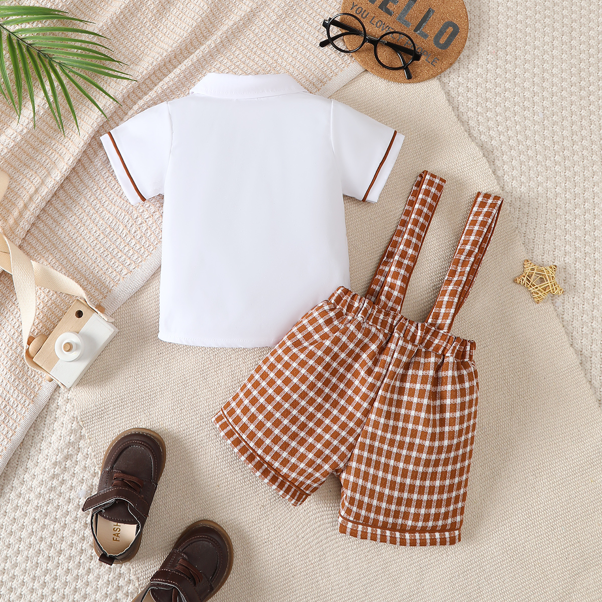 【2PCS】 6M-3Y Baby Boy Formal Outfit | White Short Sleeve Shirt + Brown Plaid Suspender Shorts with Bow Tie | Party Casual Wear