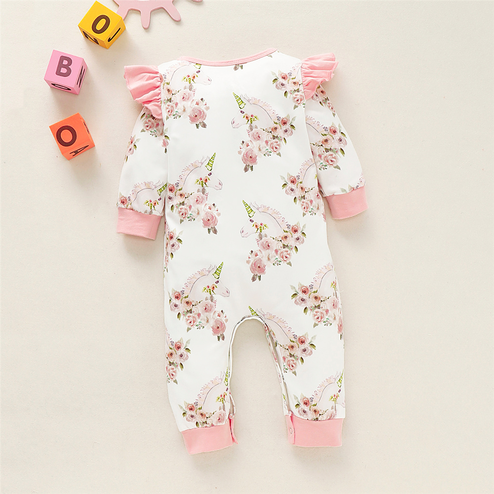 0-2Years Newborn Baby Girl Unicorn Design Jumpsuit, Toddler Baby Girl Pretty Rose Floral Ruffle Long Sleeve Romper, Infant Girl Pajamas Onesie Clothes