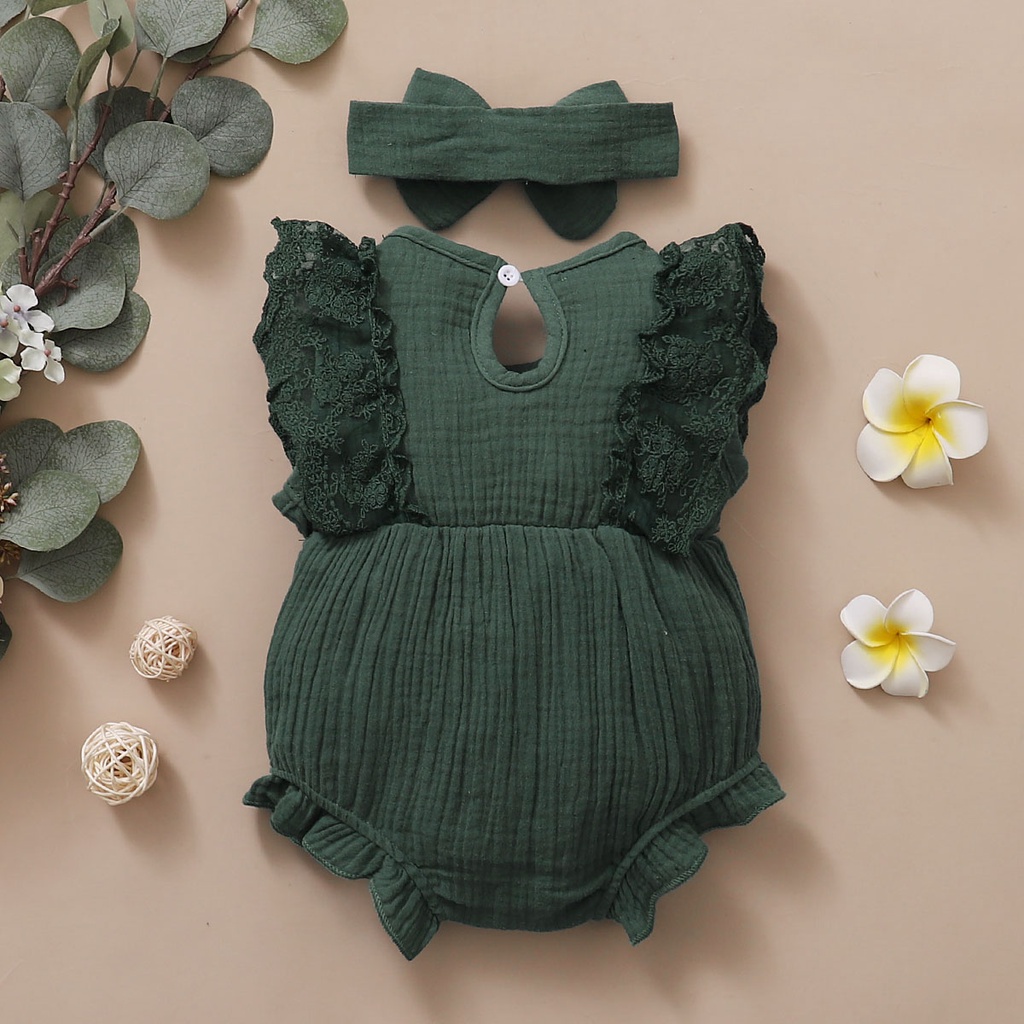【2PCS】 0-18M Baby Girl Outfit | Dark Green Lace Trim Romper with Bow + Matching Bow Headband | Stylish Newborn Set