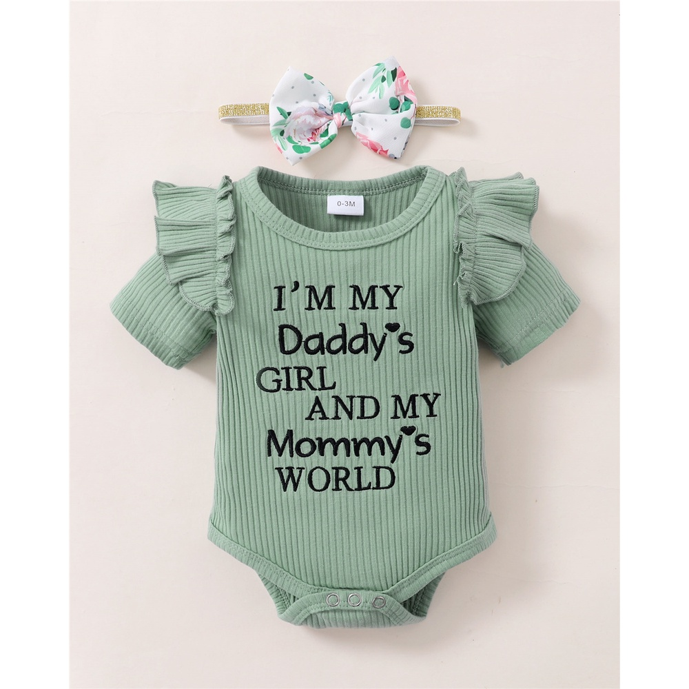 【3PCS】 0-18M Baby Girl Clothes Set | Green Ribbed Letters Print Romper + Floral Pants + Bow Headband | Casual Summer Outfit