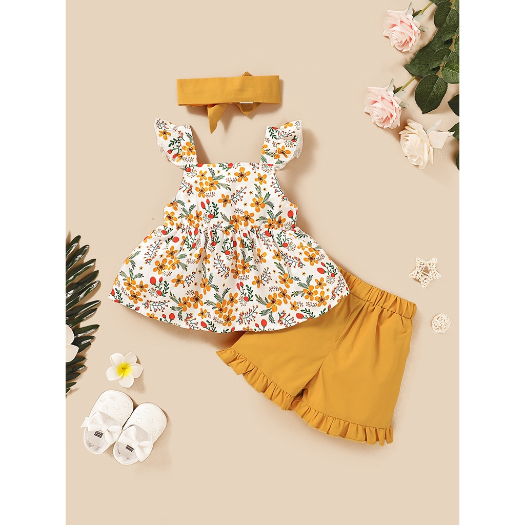 【3PCS】 12M-5Y Baby Girl Set | Floral Print Fly-Sleeve Top + Yellow Ruffle Shorts + Matching Headband | Cute Summer Wear