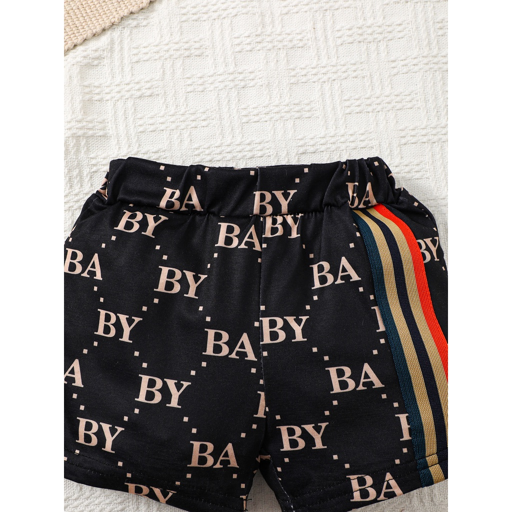 【6M-3Y】 2PCS Toddler Boy Outfit | Allover Letter Print T-shirt with Contrast Pocket + Striped Shorts | Trendy Casual Set