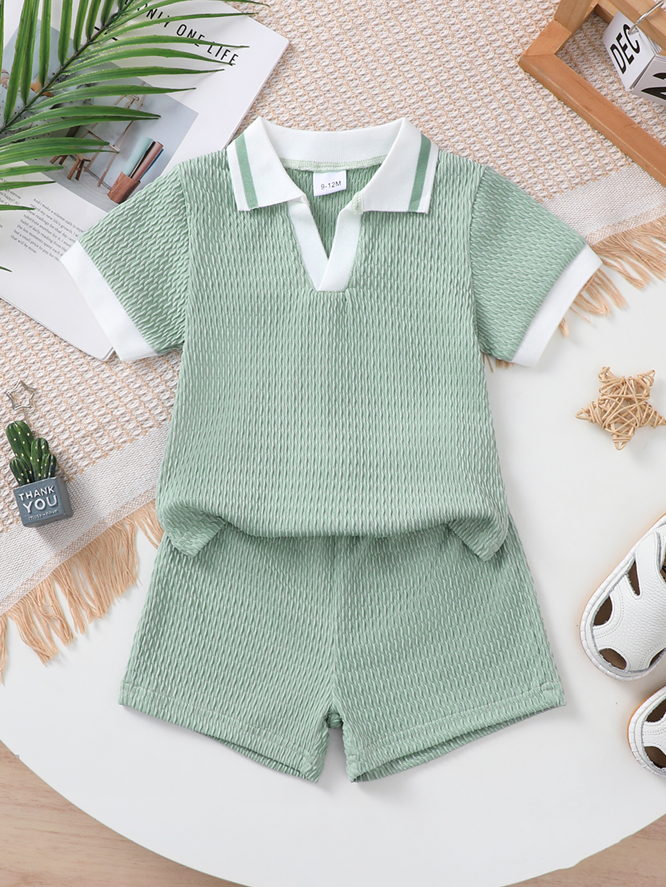 Catpapa boy |【2PCS】 6M-3Y Baby Boy Summer Outfit | Mint Green Textured Polo Shirt + Matching Shorts | Casual Two-Piece Set | Boys clothes fashions | Boys short and shirt | BabyClothing