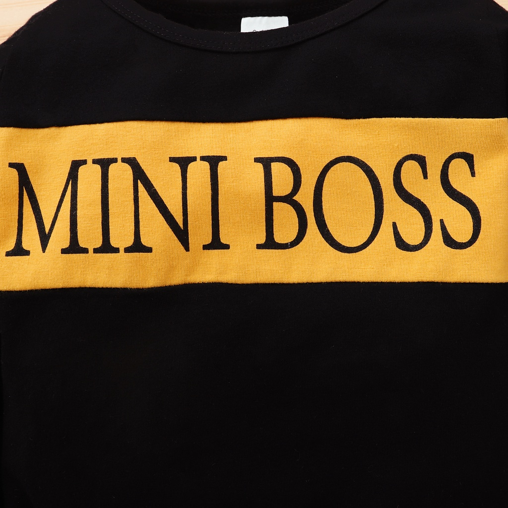 【2PCS】 0-18M Baby Boy Casual Set | ""MINI BOSS"" Print Sweatshirt + Black Pants with Yellow Slit Detail | Trendy Daily Wear