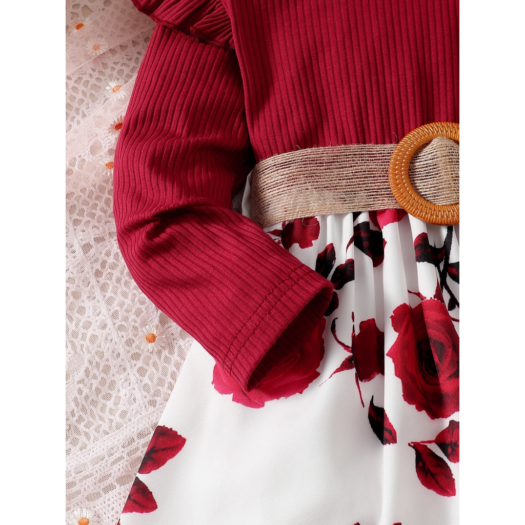 【18M-7Y】 Toddler Girl Dress | Wine Red Ribbed Top + Rose Print Skirt with Waist Belt | Elegant Party Outfit