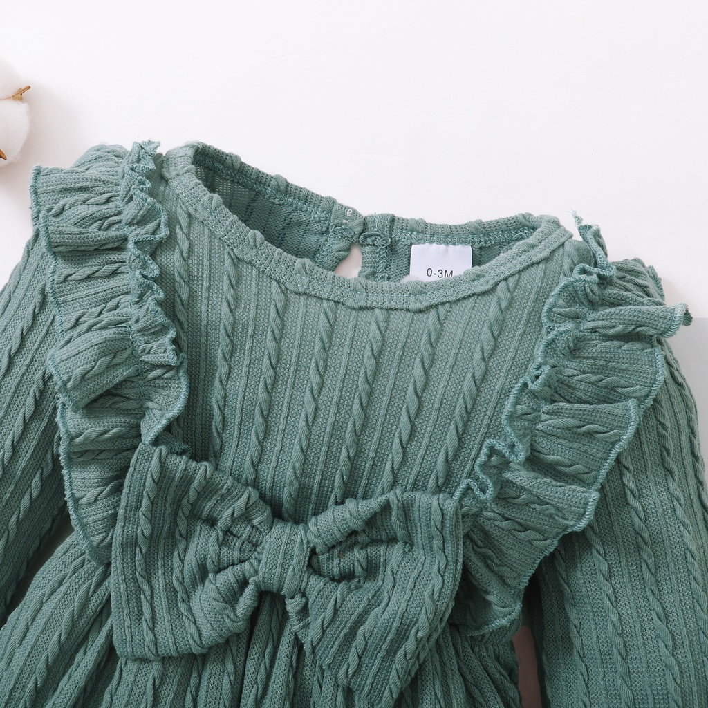 Catpapa girl |【2PCS】 3-18M Baby Girl Romper Set | Mint Green Cable Knit Ruffle Jumpsuit + Matching Bow Headband | Cute Casual Outfit | Cute baby dresses | Baby girls clothes sets outfits