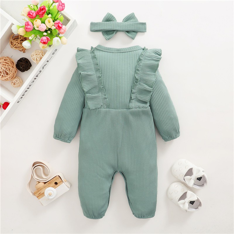 【2PCS】 0-18M Baby Girl Romper Set | Mint Green Ribbed Ruffle Long Sleeve Jumpsuit with Bow + Matching Headband | Cute Daily Wear
