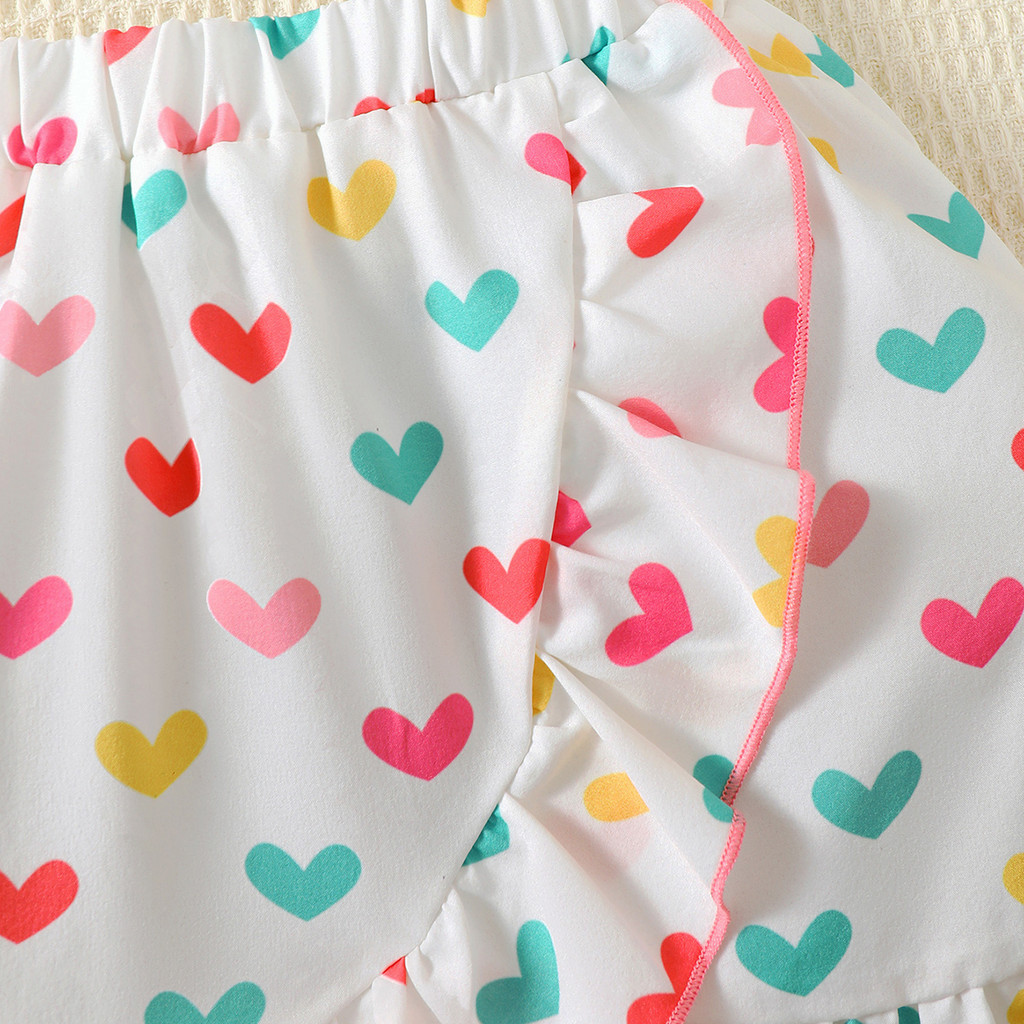 【2PCS】 4-7Y Toddler Girl Outfit | Pink Off-Shoulder Ruffle Top + Colorful Heart Print Skirt | Sweet Casual Wear