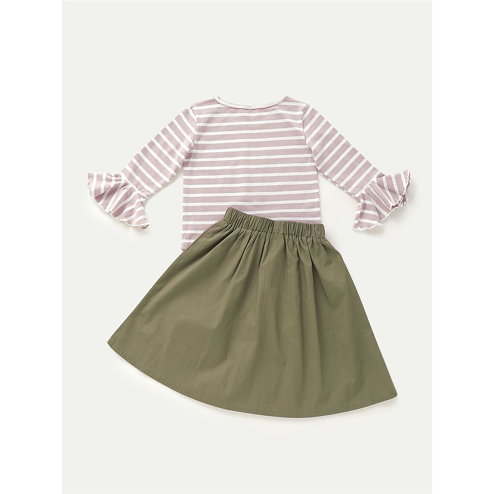 1-6 Years Kid Girl 2PCS Set/Stripe Long Sleeve Top+Plain Color Button Skirt/ Fashion Simple Gentle Style Daily Leisure Wear