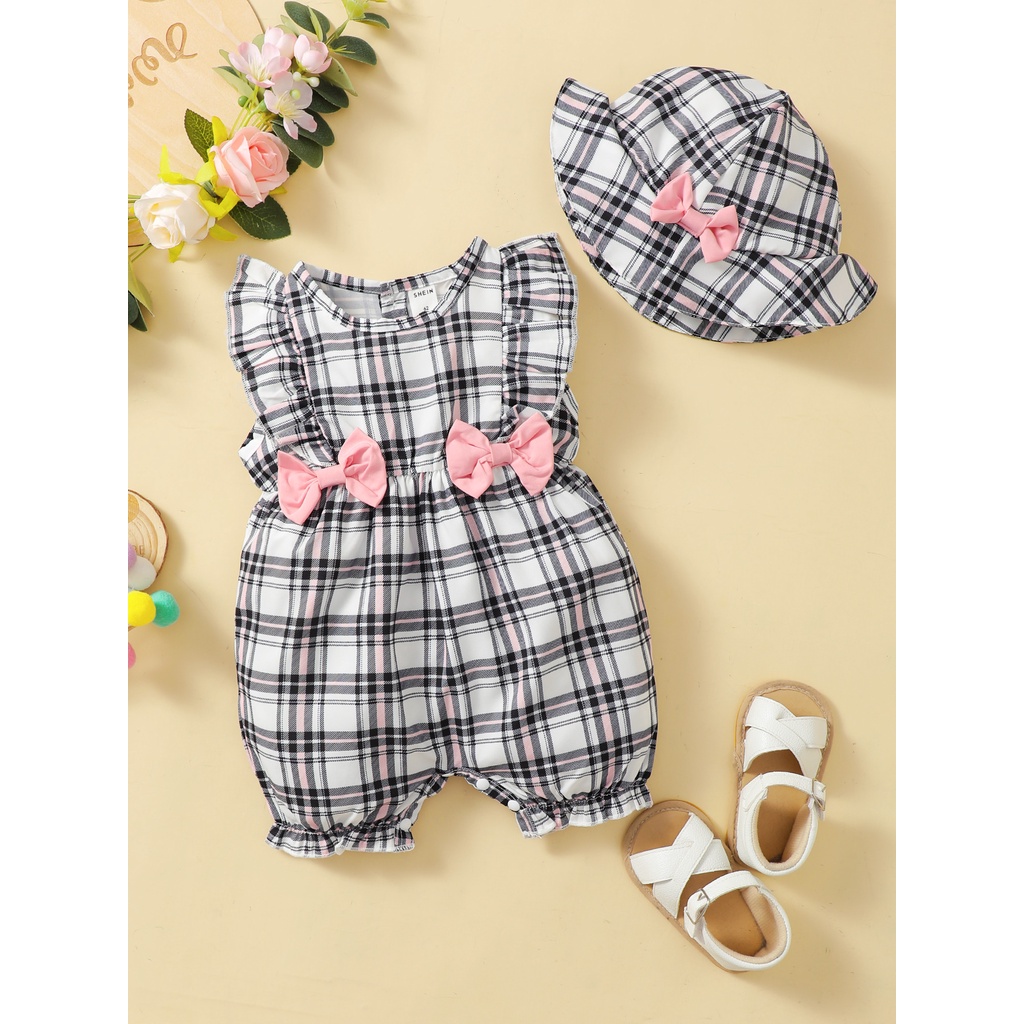 【2PCS】 0-18M Baby Girl Outfit | Plaid Ruffle Romper with Pink Bows + Matching Sun Hat | Cute Summer Set