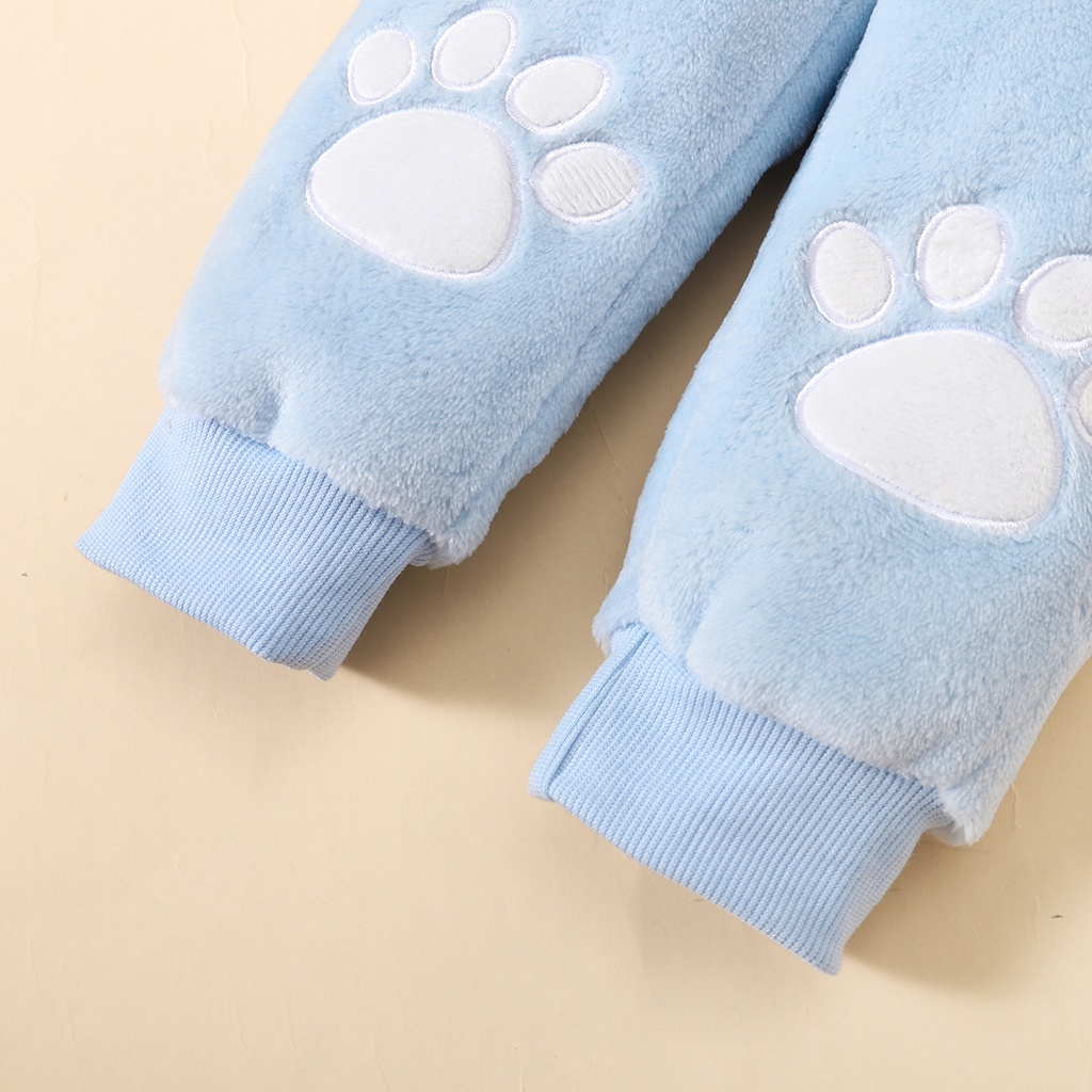 【6M-3Y】 2PCS Toddler Fleece Outfit: Bear Face Embroidered Crewneck Sweatshirt + Paw Print Pants – Cozy Casual Winter Set