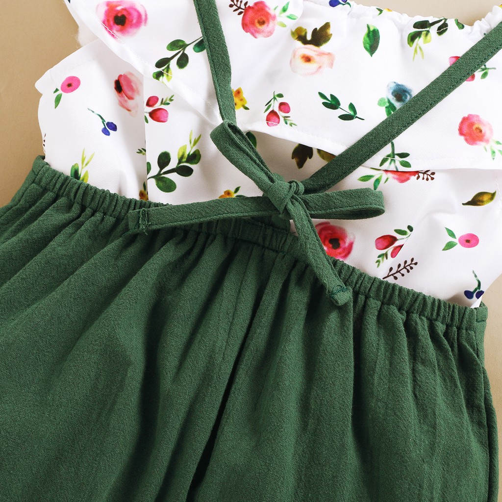 【2PCS】 12M-5Y Toddler Girl Summer Outfit | Floral Off-Shoulder Top + Green Overalls Pants | Casual Two-Piece Set