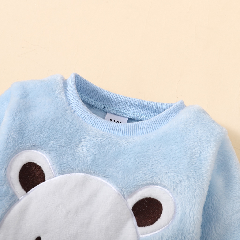 【6M-3Y】 2PCS Toddler Fleece Outfit: Bear Face Embroidered Crewneck Sweatshirt + Paw Print Pants – Cozy Casual Winter Set