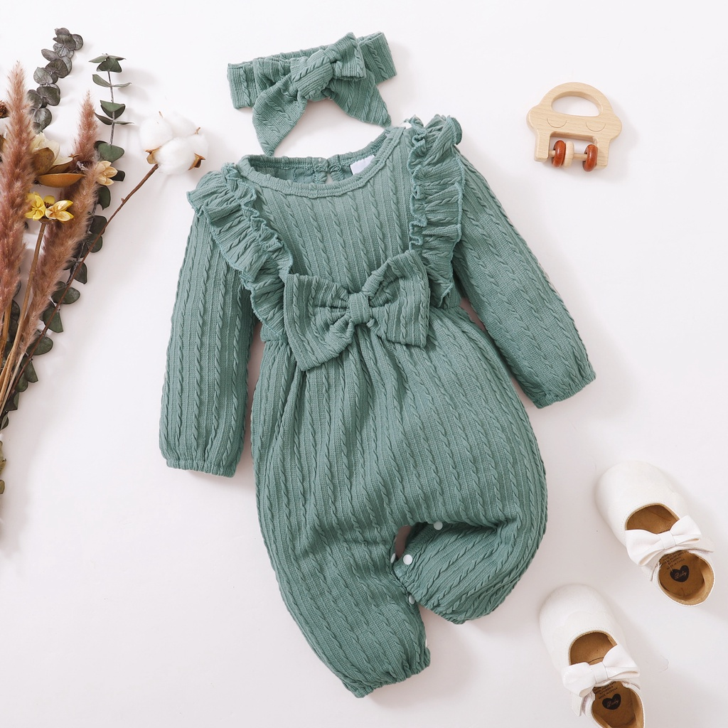 Catpapa girl |【2PCS】 3-18M Baby Girl Romper Set | Mint Green Cable Knit Ruffle Jumpsuit + Matching Bow Headband | Cute Casual Outfit | Cute baby dresses | Baby girls clothes sets outfits