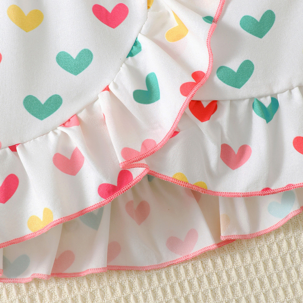 【2PCS】 4-7Y Toddler Girl Outfit | Pink Off-Shoulder Ruffle Top + Colorful Heart Print Skirt | Sweet Casual Wear