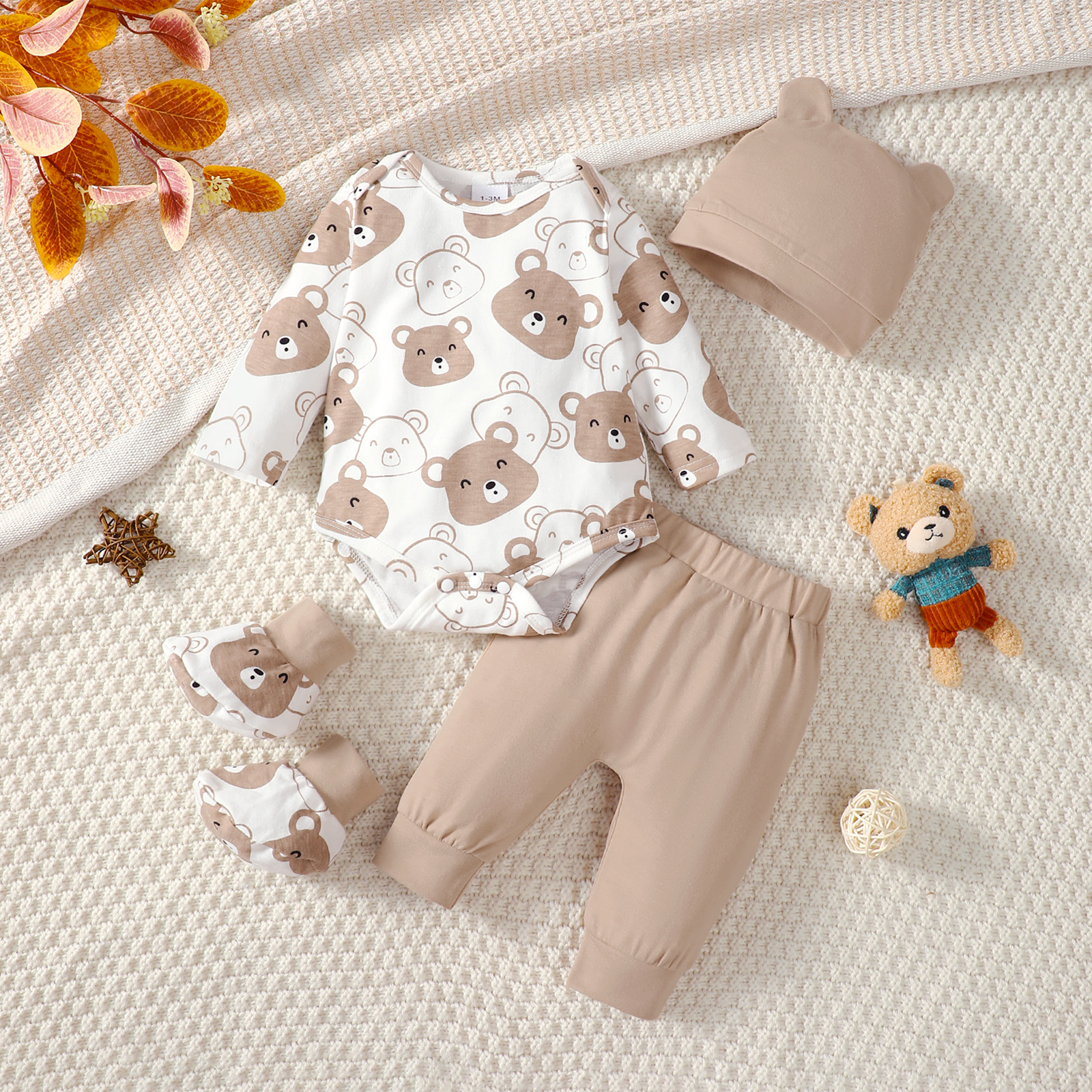 【4PCS】 0-9M Baby Boy Set | Bear Print Bodysuit + Solid Pants + Matching Ear Hat + Booties | Soft Newborn Wear