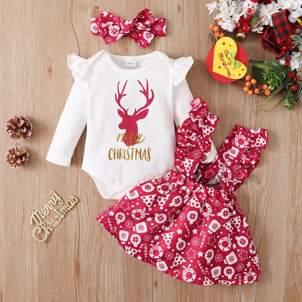 0-18 Months Baby Girl Christmas Costume Set / Infant Baby Clothing Romper + Skirt + Headwear 3Pcs Set Princess Skirt / Toddler Winter Partywear New Year