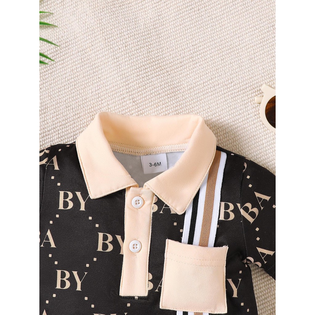 【0-24M】 Baby Boy Romper | Black "BA/BY" Allover Print Polo Collar Short Sleeve Jumpsuit | Light Luxury Style Summer Wear