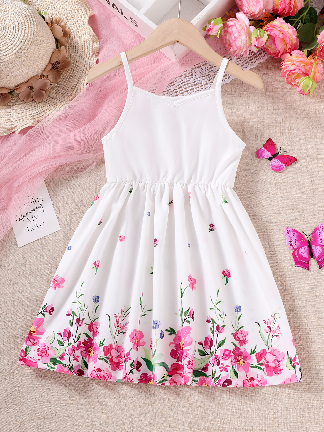 【0-3Y】 Toddler Girl Casual Dress | White Spaghetti Strap Floral Print Dress with Elastic Waist | Cute Summer Outfit
