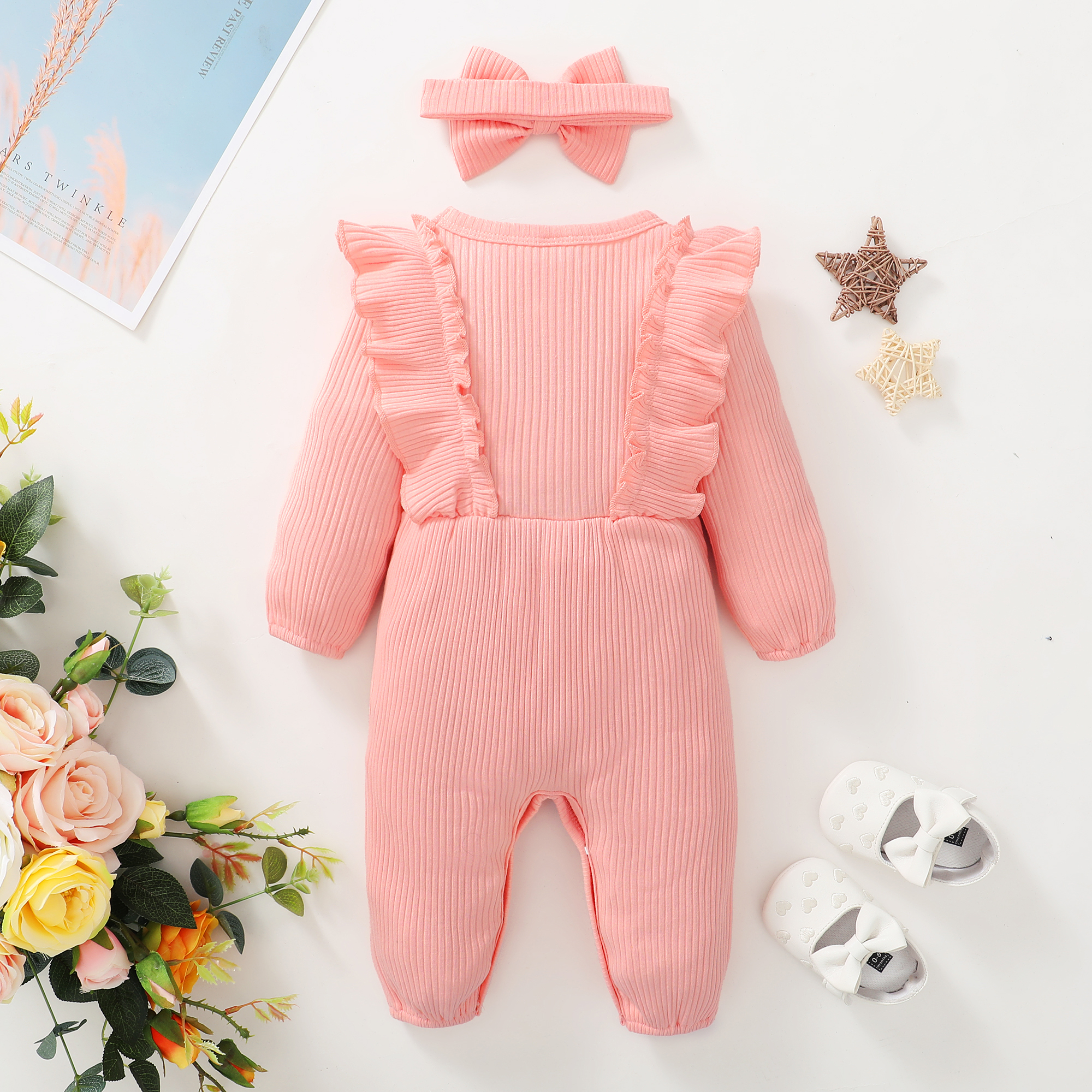 【2PCS】 0-18M Baby Girl Set | Pink Ribbed Romper with Ruffles and Bow + Matching Bow Headband | Sweet Newborn Outfit