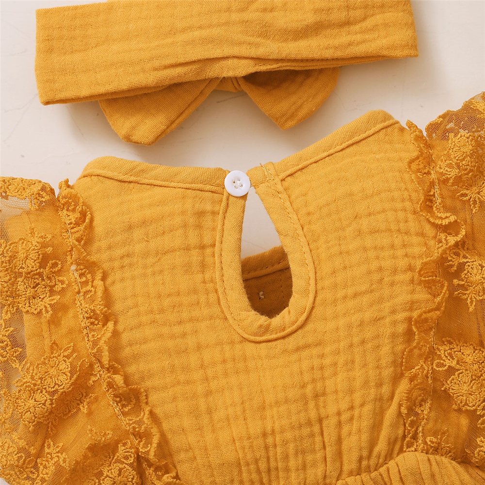 【2PCS】 0-18M Baby Girl Romper Set | Mustard Yellow Lace Trim Jumpsuit with Bow + Matching Bow Headband | Adorable Casual Wear