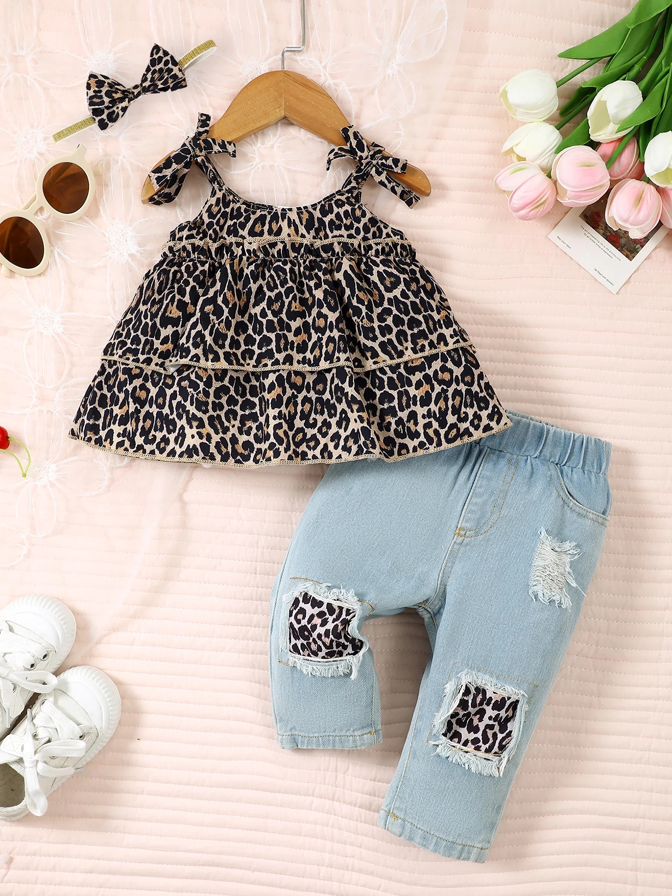 【3PCS】 3-24M Toddler Girl Outfit | Leopard Print Tie-Strap Top + Denim Patchwork Pants + Matching Bow Headband | Stylish Casual Set