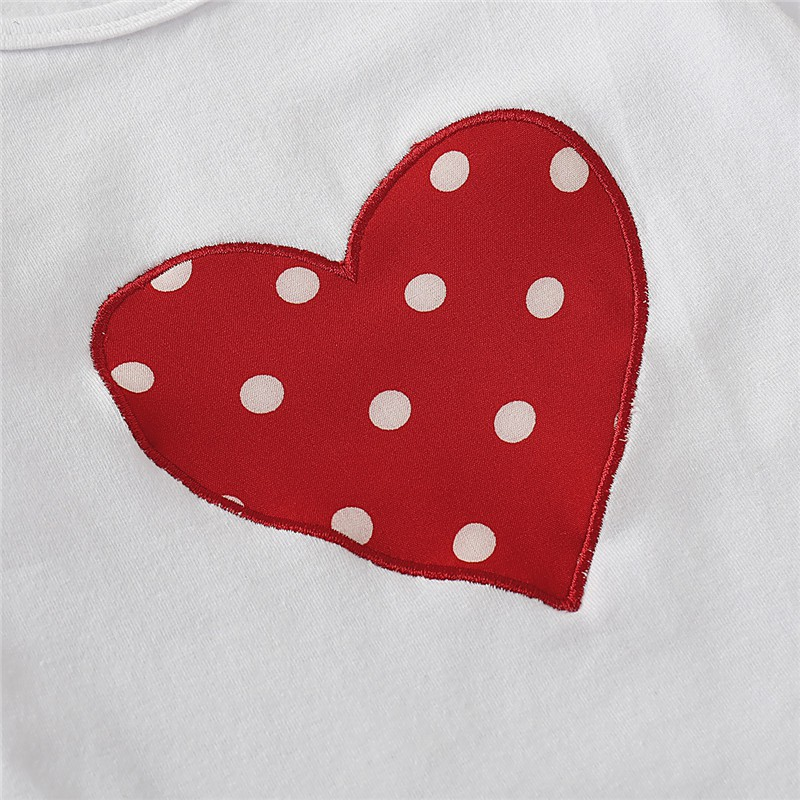 【0-18M】 3PCS Baby Girl Outfit: White Ruffle-Sleeve Romper with Polka Dot Heart Print + Red Polka Dot Pants with Bow + Matching Headband – Cute Valentine Set