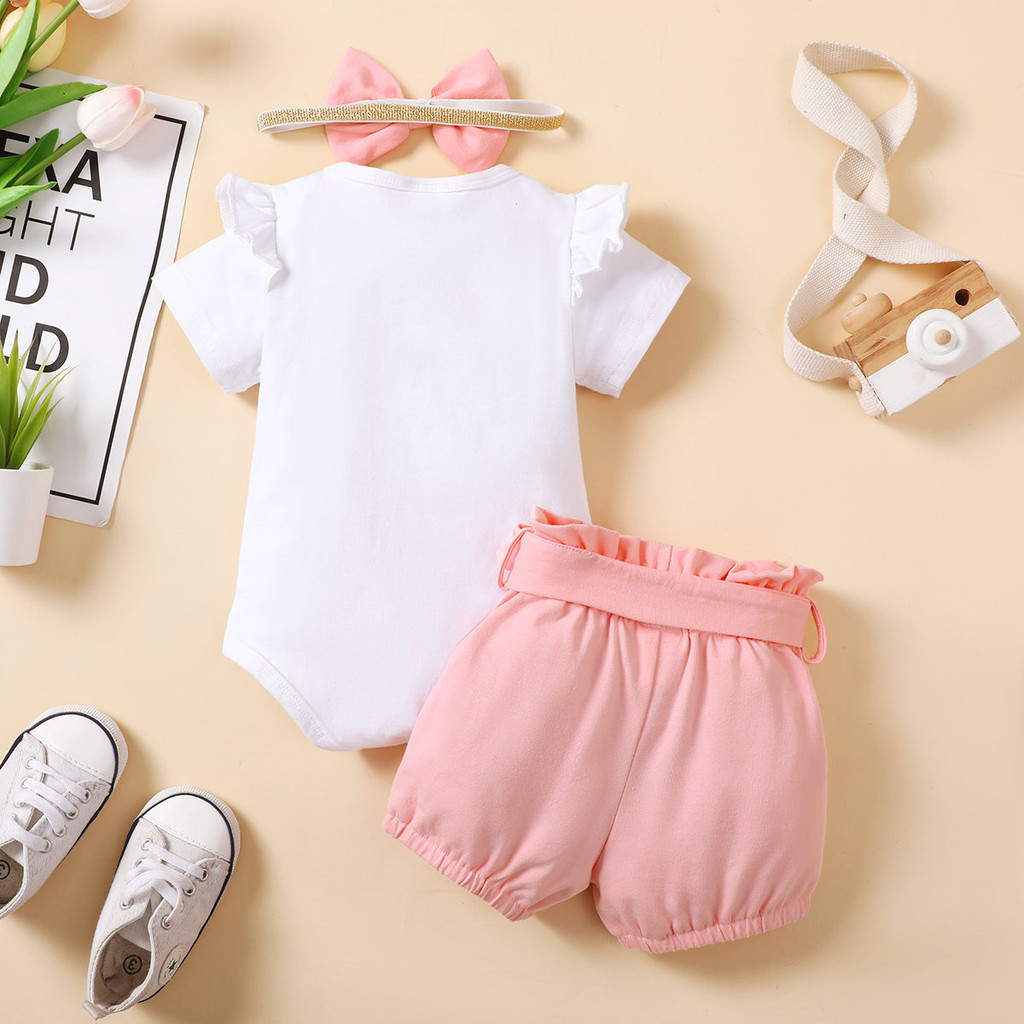 【3PCS】 0-12M Baby Girl Clothes Set | Cat Print Ruffle Sleeve Romper + Pink Bow Shorts + Bow Headband | Sweet Casual Wear