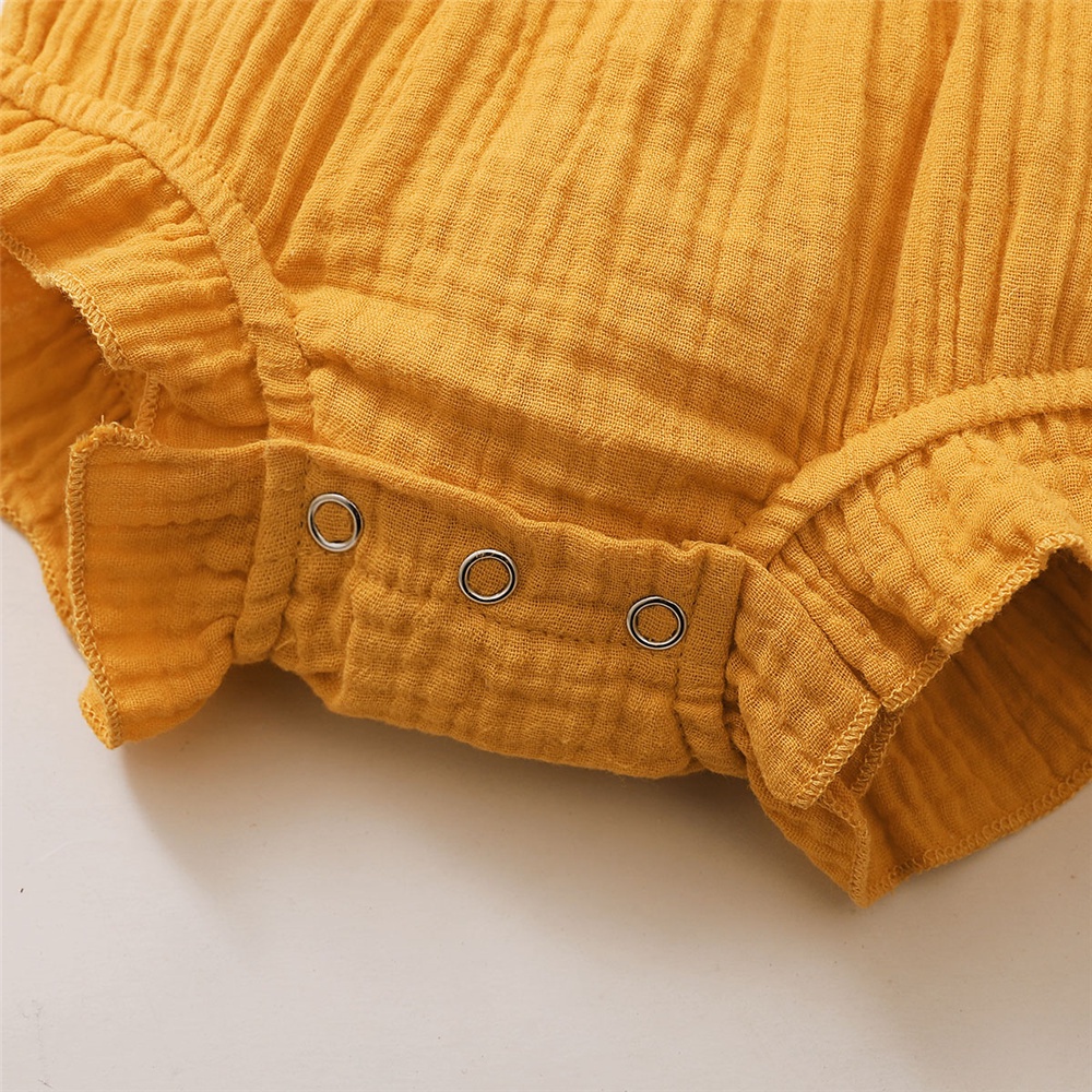 【2PCS】 0-18M Baby Girl Romper Set | Mustard Yellow Lace Trim Jumpsuit with Bow + Matching Bow Headband | Adorable Casual Wear