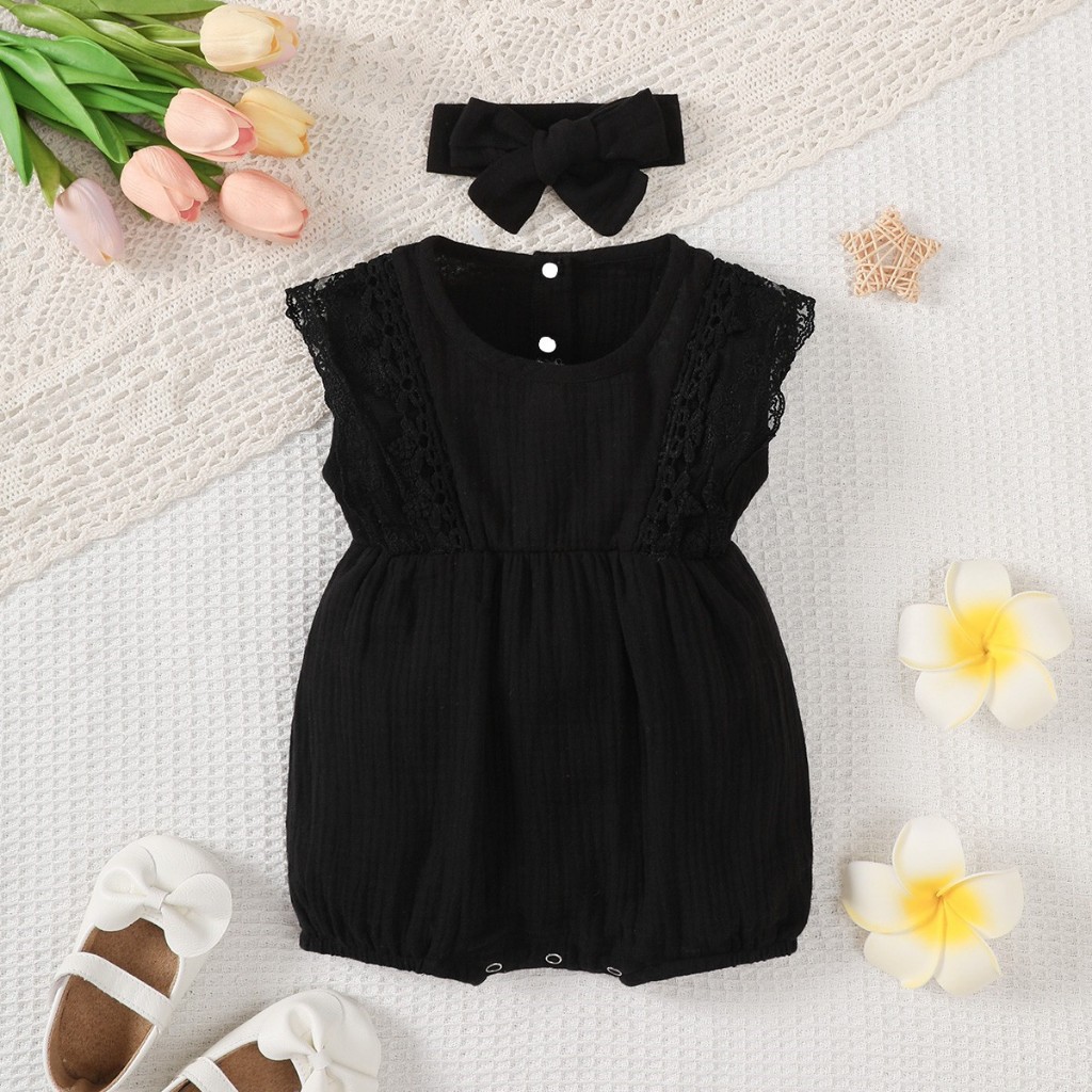 【2PCS】 0-18M Baby Girl Romper Set | Black Lace Trim Jumpsuit + Matching Bow Headband | Stylish Summer Outfit
