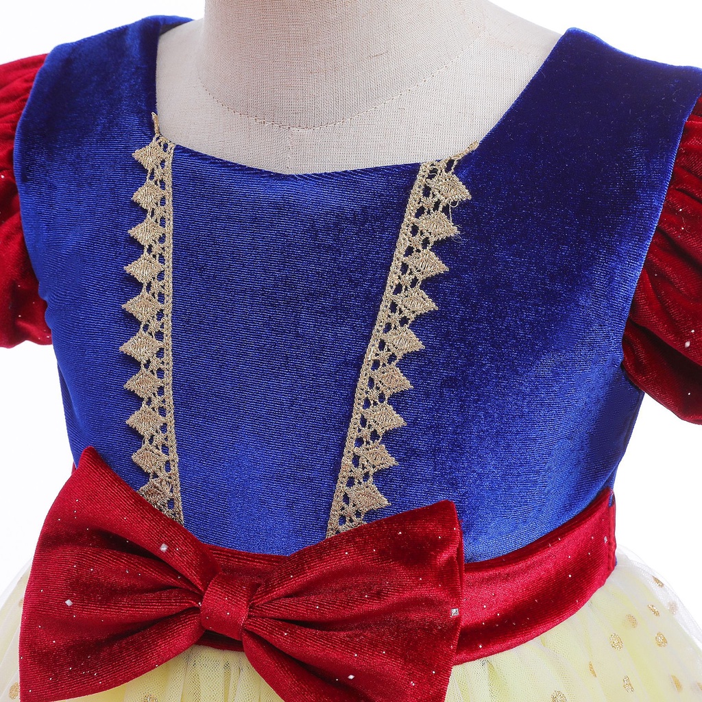 【3-10Y】 Toddler Girl Princess Dress | Snow White Inspired Velvet & Tulle Costume with Bow Belt | Birthday Party Outfit