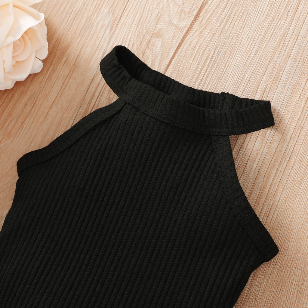 【2PCS】 3-24M Toddler Girl Casual Outfit | Black Ribbed Halter Top + Green Button Skirt with Bow Belt | Trendy Daily Wear