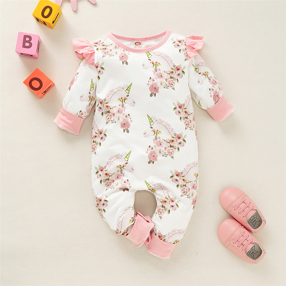 0-2Years Newborn Baby Girl Unicorn Design Jumpsuit, Toddler Baby Girl Pretty Rose Floral Ruffle Long Sleeve Romper, Infant Girl Pajamas Onesie Clothes