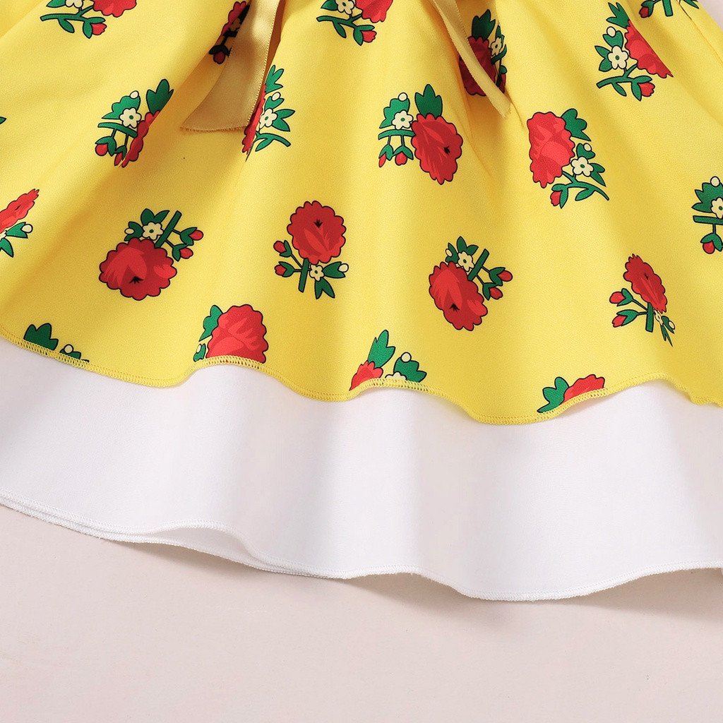 【12M-6Y】 Baby Girl Floral Dress | Yellow Rose Print Sleeveless Dress with Lace Ruffle & Satin Bow | Cute Daily Outfit
