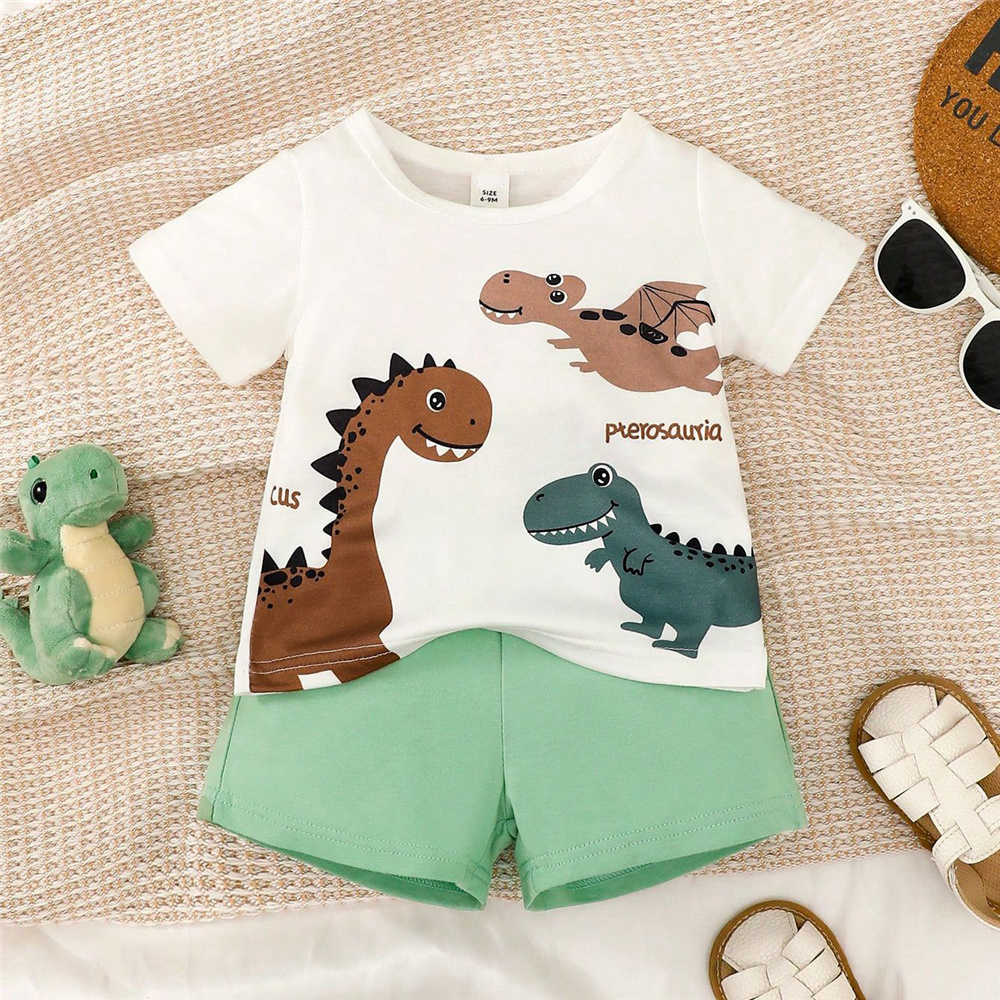 【2PCS】 6M-3Y Baby Boy Summer Outfit | Dinosaur Print T-Shirt + Solid Green Shorts | Cute Cartoon Set
