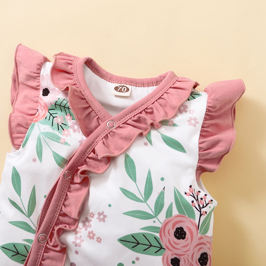 0-3Y Girls' Floral Print Ruffle Sleeveless Romper with Matching Bow Headband | Soft Cotton 2-Piece Outfit, for Daily Wear & Photoshoots, Baby Girls
